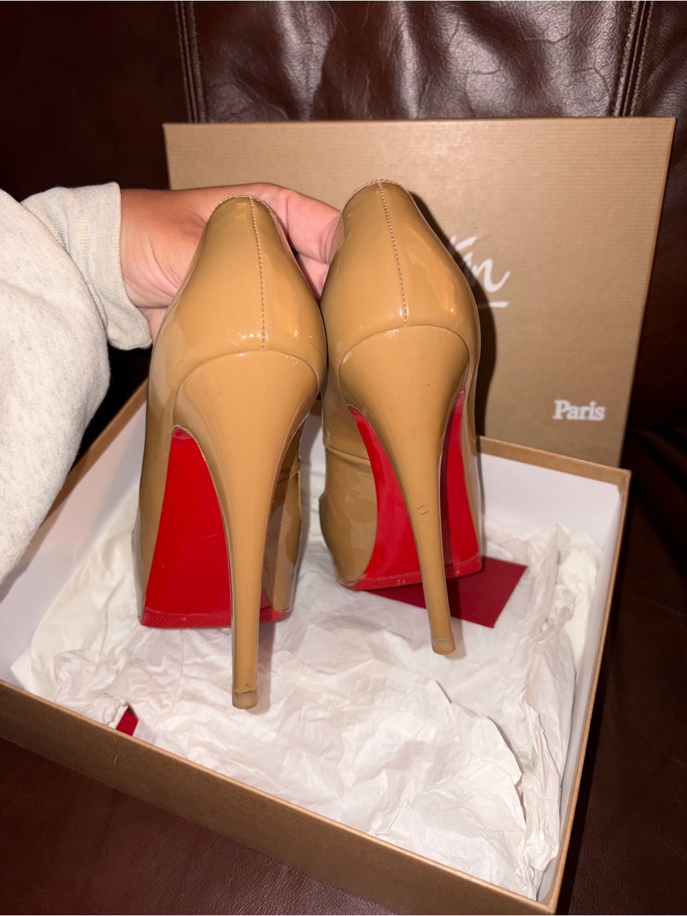 Christian Louboutin Nude Patent Peep-Toe Pumps - Picture 3 of 6